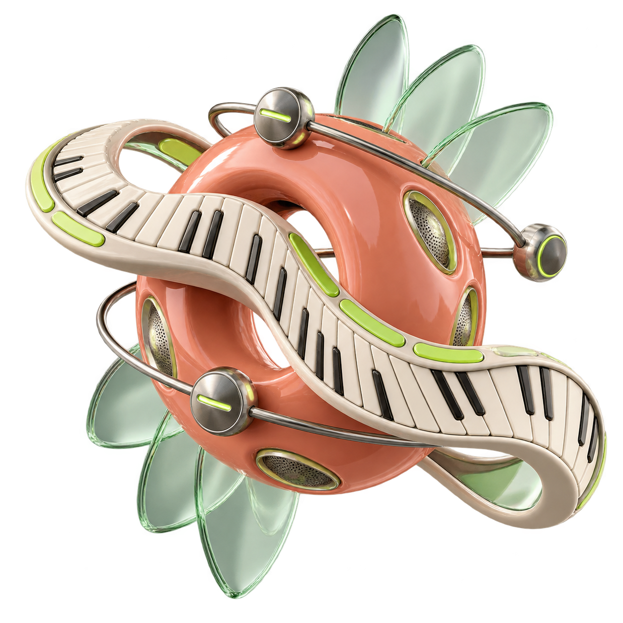 An impossible ribbon keyboard wraps around a coral ring with translucent resonators and orbiting controls.