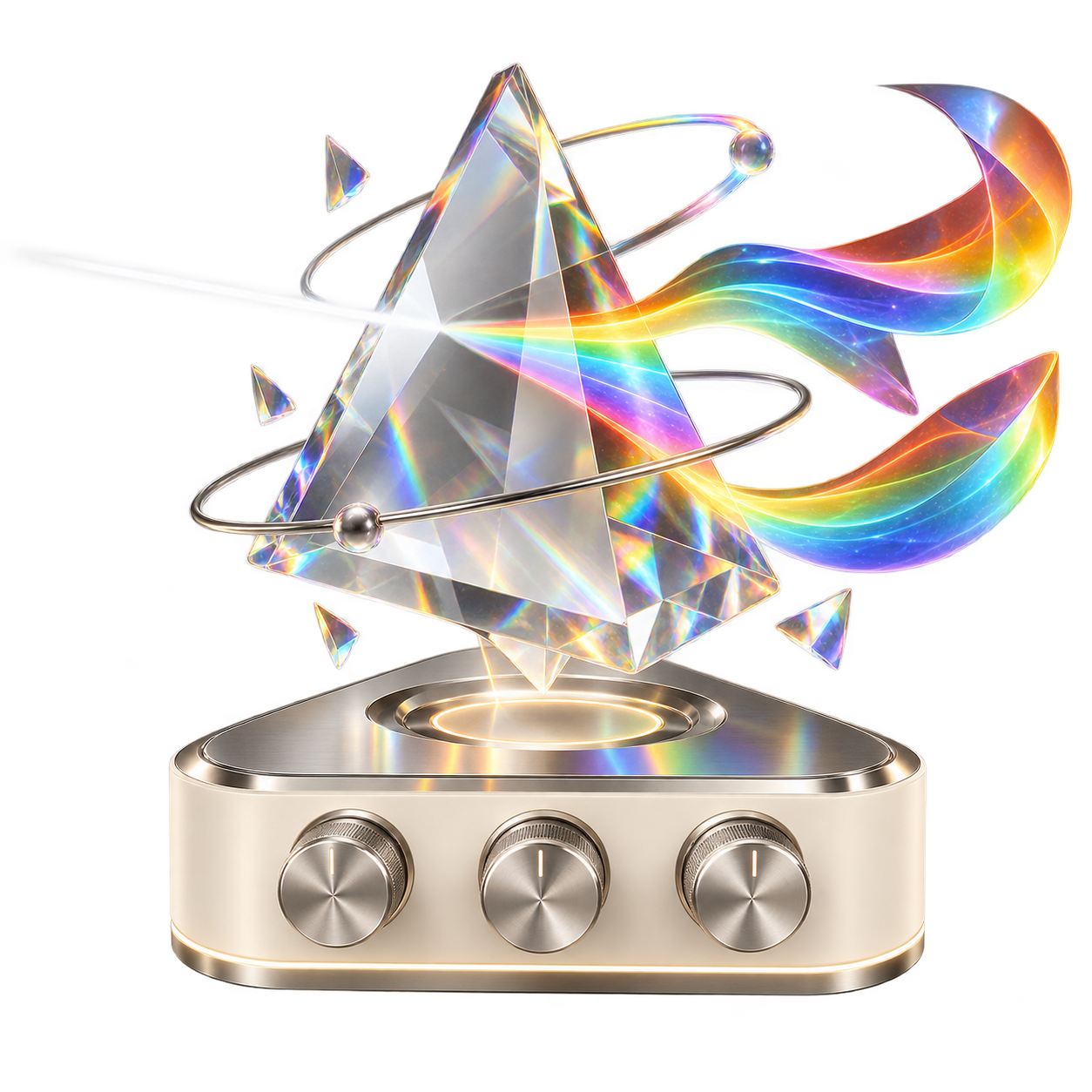 A floating glass prism turns a beam into rainbow ribbons above three metallic audio controls.
