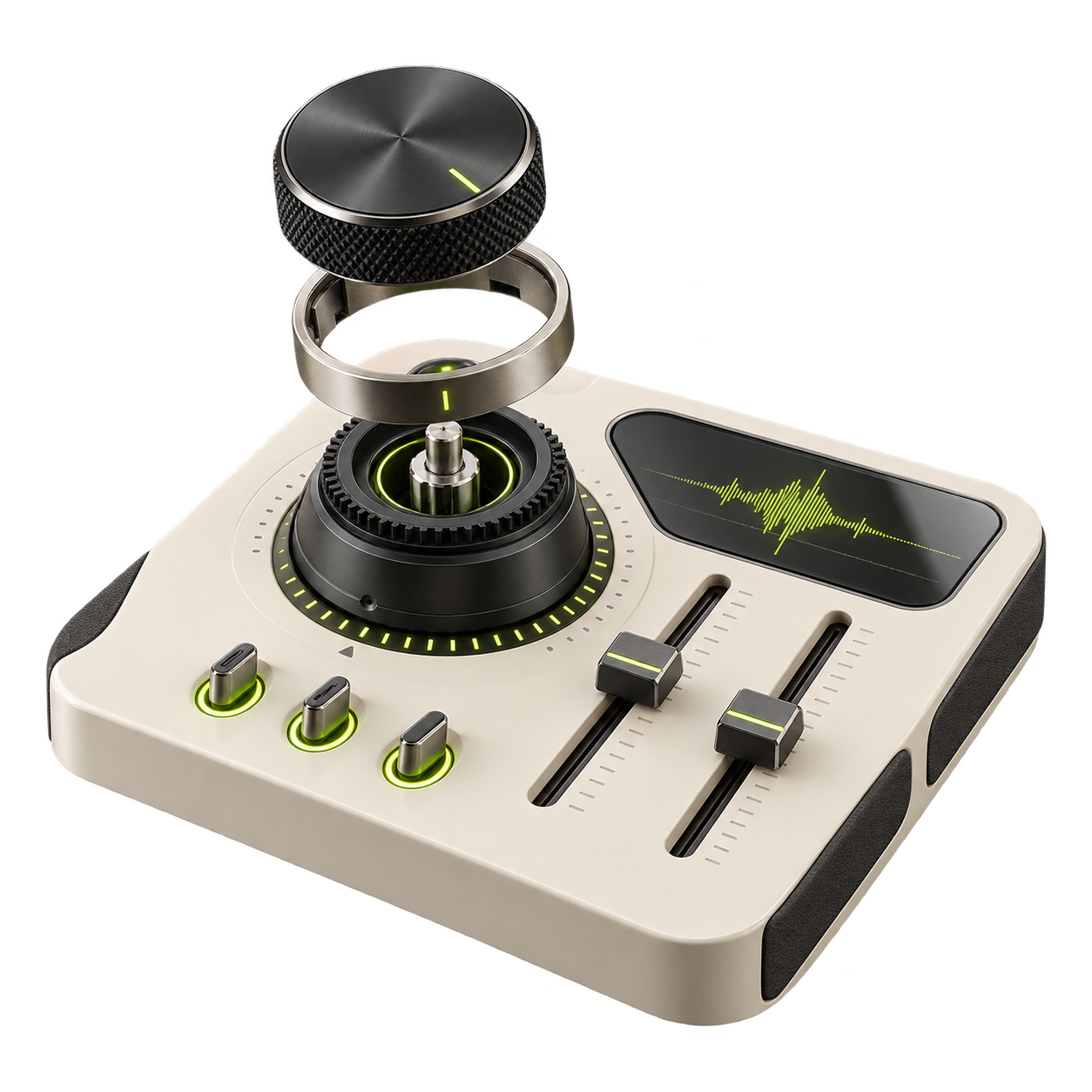 An ivory audio panel with precision faders, a lime waveform and an exploded black rotary dial.
