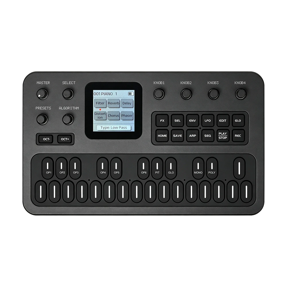M-VAVE FM-1 pocket synthesizer with mini keyboard, rotary controls and colour display